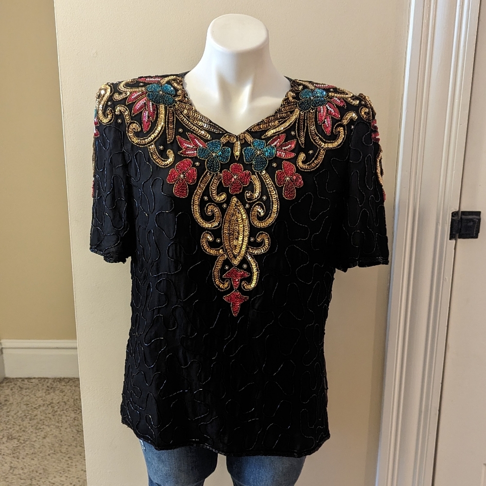 Vintage Denise-Elle black, gold, red and teal sequin silk top size L